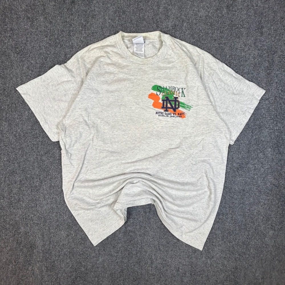 Vintage 1996 Notre Dame vs Navy Shamrock Classic Dublin Ireland T-Shirt XL Grey